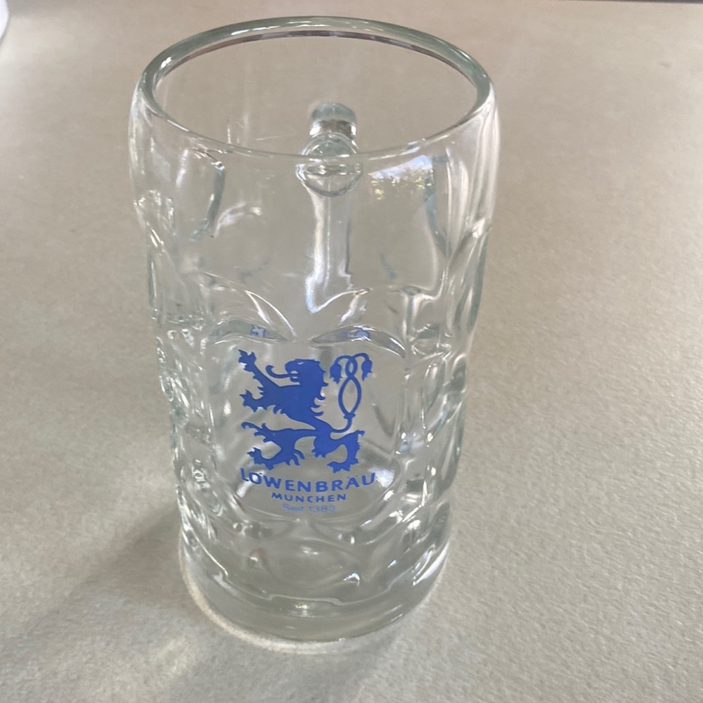 Vintage 1 Liter Lowenbrau Munchen dimpled clear with blue logo glass beer stein